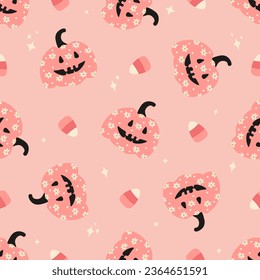 Pink pumpkin with flowers and candy corn. Halloween seamless pattern for wrapping paper, fabrics and kids clothes. Vector illustration