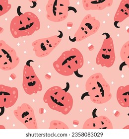 Pink pumpkin seamless pattern with candy corn. Cartoon hand drawn illustration of characters in simple naive style. Limited pastel palette for kids print