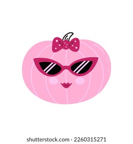 Pink pumpkin with sunglasses. Vector Illustration for printing, backgrounds, covers and packaging. Image can be used for greeting cards, posters, stickers and textile. Isolated on white background.
