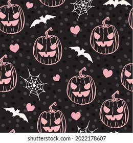 Pink pumpkins. Evil pumpkin for Halloween, seamless pattern. Happy Halloween. Vector illustration.