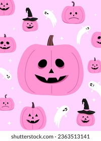 Pink pumpkins and ghost on a pink background. Vector card for Halloween.