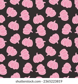 Pink pumpkins on a dark background. Vector illustration in flat cartoon style. Seamless pattern