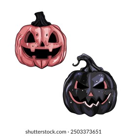 Pink Pumpkins: Spooky. Fun Faces for a Happy Halloween. Vector Illustration.