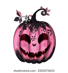 Pink Pumpkins: Spooky. Fun Faces for a Happy Halloween. Vector Illustration.