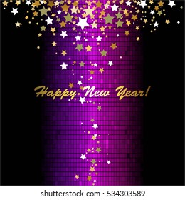 Pink- purple abstract background. Gold stars. Happy New Year!