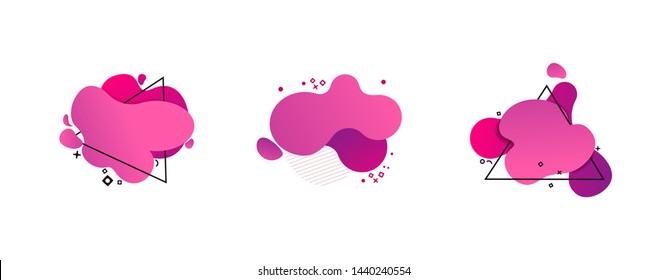 Pink and purple abstract splash set. Flowing liquid blobs with triangles and dots. Fluid forms, regular geometric shapes. Vector illustration for presentation, logo, label design