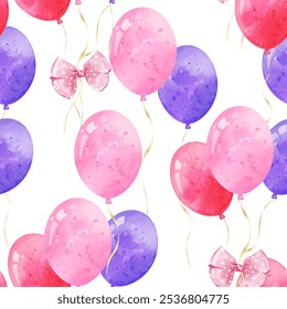 Pink and purple balloons background. Seamless pattern for baby shower, wallpaper, wrapping paper, birthday, holidays