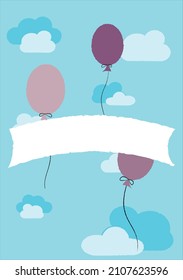 Rosa und violette Ballons mit Wolken und ein blauer Himmel auf dem Hintergrund. Symbol, Poster, Grußkartendesign-Vorlage. Vektorgrafik.