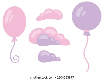 Globos y nubes rosados y púrpura. Ilustración vectorial dibujada a mano. Adecuado para sitios web, stickers, postales.