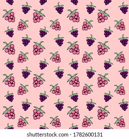 Pink and purple berries on a pink background. Raspberries, dewberry, blackberries and bramble. Vector seamless pattern for wrapping paper, kid’s wallpaper, packaging, wrapper, printing on clothes, bag