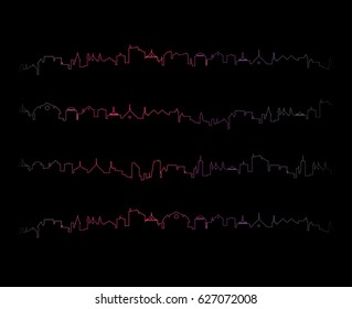 Pink and purple blending colors, vector outline abstract cityscape illustration 
city silhouettes set
