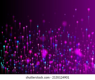 rosafarbener violetter, abstrakter Hintergrund. Künstliche Intelligenz Big Data Ethernet Futuristic Wallpaper. Netzwerk Wissenschaftlicher Banner. Neon Light Rays Partikel. Fiber Optics Social Science Light Pins.