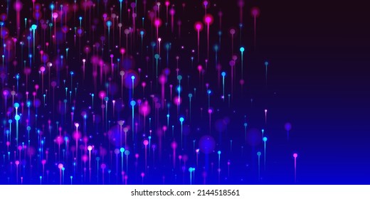 Pink Purple Blue Abstract Background. Artificial Intelligence Big Data Ethernet Futuristic Wallpaper. Network Scientific Banner. Neon Light Glow Particles. Fiber Optics Social Science Light Pins.