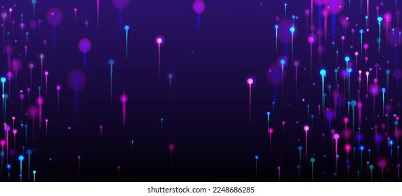 Pink Purple Blue Abstract Wallpaper. Network Scientific Banner. Big Data Artificial Intelligence Ethernet Technology Background. Bright Light Glow Elements. Fiber Optics Social Science Light Pins.