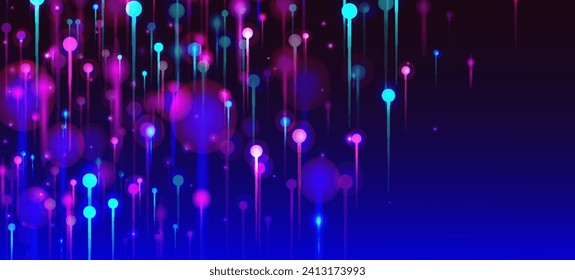 Pink Purple Blue Abstract Wallpaper. Network Scientific Banner. Artificial Intelligence Big Data Ethernet Technology Background. Neon Light Nodes Particles. Social Science Fiber Optics Light Pins.