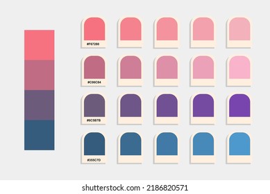 Pink purple blue color palette vector, sunset colors catalog, design and edit idea, colour matching, rgb pantone colors, harmonious colours palette sample, eps designed asset