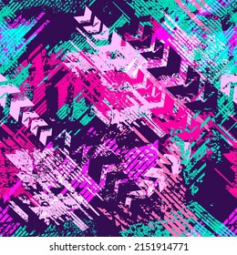 Pink, purple and blue Grunge arrow seamless pattern. Endless stripe textured print for sport girl textile, wrapping paper.