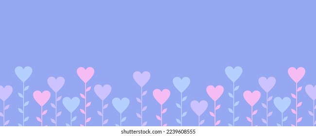 Pink, purple and blue hearts on stems on a purple background with copy space. Valentines day banner. Flat vector illustration