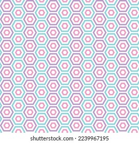 Pink, purple and blue hex honeycomb pattern on white background. Colorful seamless interlocking hexagon pattern on white backdrop.
