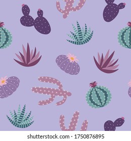 pink, purple and blue house plants cactus peyote haworthia aloe sansevieria seamless pattern on a purple background. summer fashion print vector