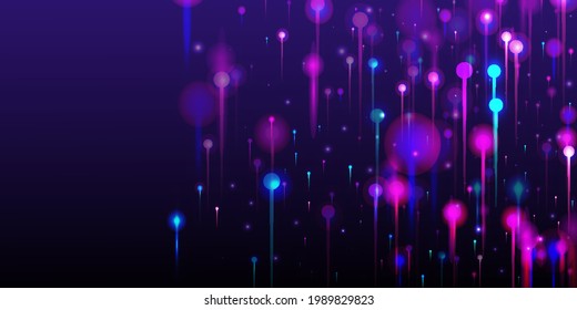 Pink Purple Blue Modern Background. Big Data Artificial Intelligence Ethernet Futuristic Wallpaper. Neon Light Nodes Elements. Network Technology Banner. Social Science Fiber Optics Light Pins.