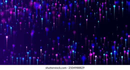 Pink Purple Blue Modern Background. Artificial Intelligence Big Data Internet Futuristic Wallpaper. Network Scientific Banner. Bright Light Pins Elements. Fiber Optics Social Science Light Pins.