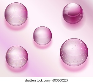 Pink and purple Blue water drops and pearls with transparent shining beads with ornament illustration white background