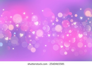 Pink and purple blurred background with hearts bokeh and glitter. Valentine day romantic backdrop with dreamy sparkles and stars. Bright color gradation sky with magic soft light. Vector illustration