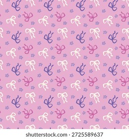Pink and purple bows seamless pattern, cute decorative background, textile pattern, fabric, cover, wrapping paper, wallpaper, hand drawn vector illustration 