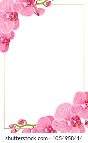 Pink purple bright exotic orchid phalaenopsis flowers. Shiny golden vertical portrait border frame template with decorated corners. Vector design element for invitation greeting card.