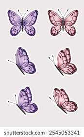 Pegatinas de mariposa rosa y púrpura sobre fondo para diseño, impresión, Ilustración vectorial.