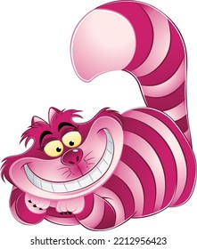 pink and purple cat laying and smiling with all its teeth.