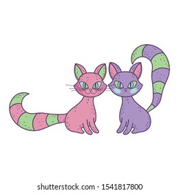 pink and purple cats sitting with striped tails vector illustration