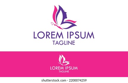 Pink and Purple Color Abstract beautiful butterfly logo design idea with women portrait silhouettes