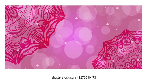Pink, purple color banner with mandala ornament. Vector illustration. For web design, flyer