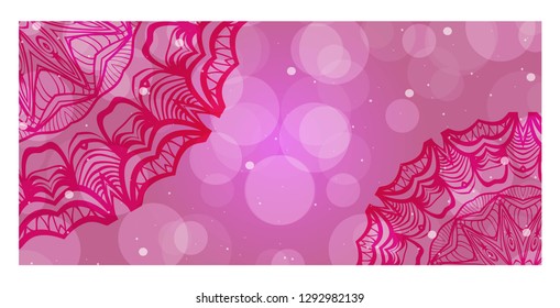 Pink, purple color banner with mandala ornament. Vector illustration. For web design, flyer