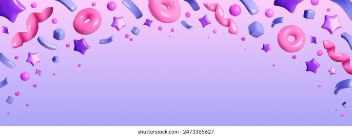 Pink and purple confetti flying in air. Vector realistic illustration of 3D stars, torus, serpentine ribbons, cubes, curls isolated on gradient background, birthday firecracker explosion effect