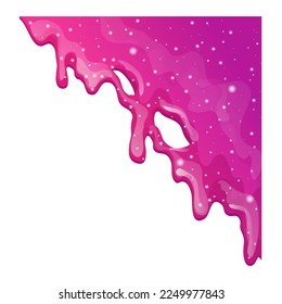 Pink or purple corner slime, sticky liquid with glitter in cartoon style isolated on white background. Splash, border.