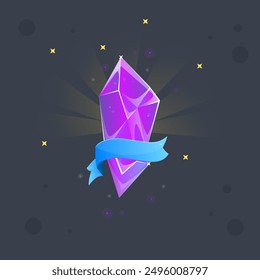 Pink Purple Crystal Gem Magic Esoteric Game Icon Badge With Stars And Ribbon Isolated Vector Design