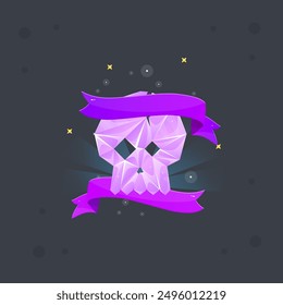 Pink Purple Crystal Gem Magic Esoteric Skull Game Icon  Badge With Stars And Ribbon Isolated Vector Design