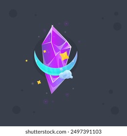 Pink Purple Crystal Gem Magic Esoteric Game Twitch Kawaii Icon  With Moon Stars And Clouds Isolated Vector Design