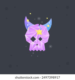 Púrpura Rosa Cristal Gema Magia Cráneo Esotérico Juego Twitch Kawaii Icon Con La Luna Y Las Estrellas Aisladas Diseño De Vector