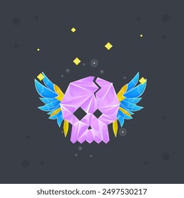 Pink Purple Crystal Gem Magic Esoteric Skull Game Twitch Kawaii Icon Badge With Sparkles Stars And Fairy Wings Isolated Vector Design