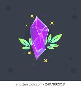 Icono esotérico mágico del juego de la gema de cristal púrpura rosada con las ramas verdes y las estrellas diseño de Vector aislado