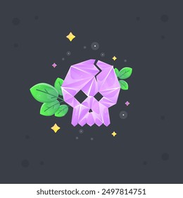 Pink Purple Crystal Gem Magic Esoteric Skull Game Icon With Green Branches And Stars Isolated Vector Design
