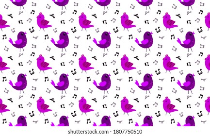 pink and purple cute birds backgrounds, repeated musical elements seamless pattern, melody music wallpaper, vector illustration flat design