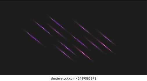 Pink and purple diagonal lens flares. Laser beams, glowing light rays. Neon light flares. Shine streaks on dark background. Luminous abstract sparkling lines overlay vector.