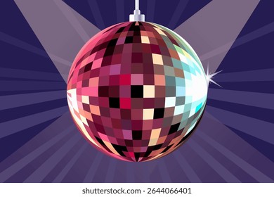 Pink and purple disco ball with light beams in the background for a party or new year celebration. Retro aesthetic for a night club or luxury event