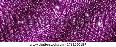 Pink purple disco ball mosaic backdrop. Radial tile pattern with sequins, tiles, panels with sparkle flares. Vector iridescent gradient texture. Background for party, club, dance, nightclub.