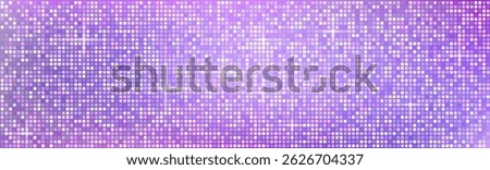 Pink and purple disco ball pattern. Vector realistic illustration of nightclub party banner background with mirror mosaic, light sparkles on square sequins, seamless glam glitter for disco design